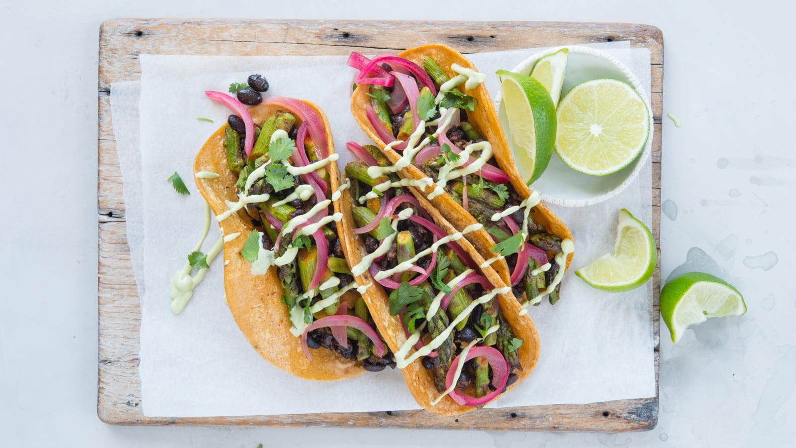 Asparagus and Black Bean Tacos with Avocado Cream