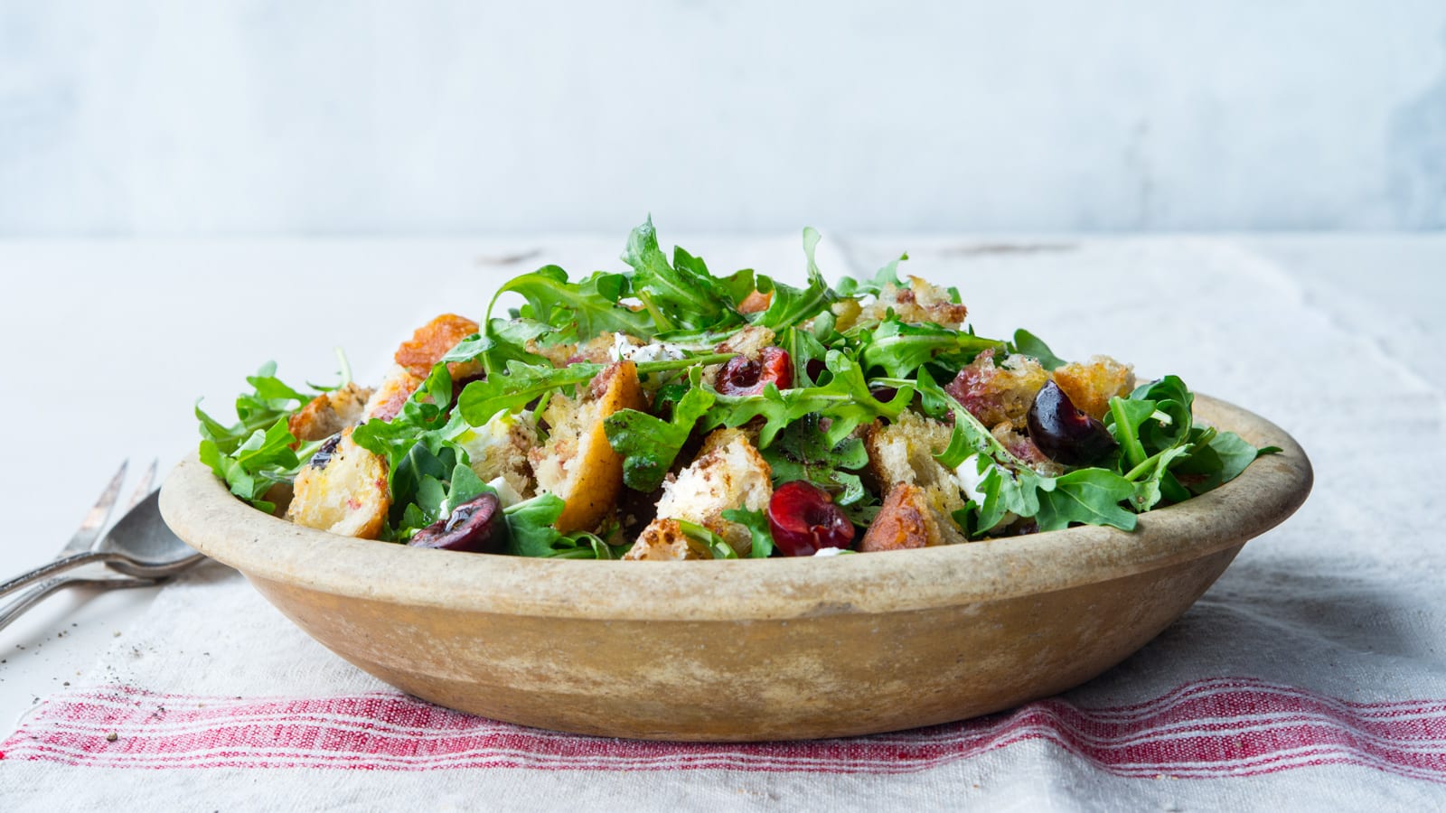 Bread Salad with Cherries, Goat Cheese and Arugula