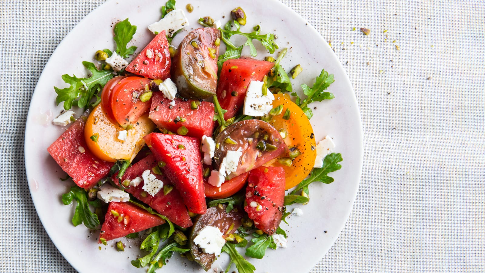 Watermelon Salad with Tomatoes, Feta and Pistachios
