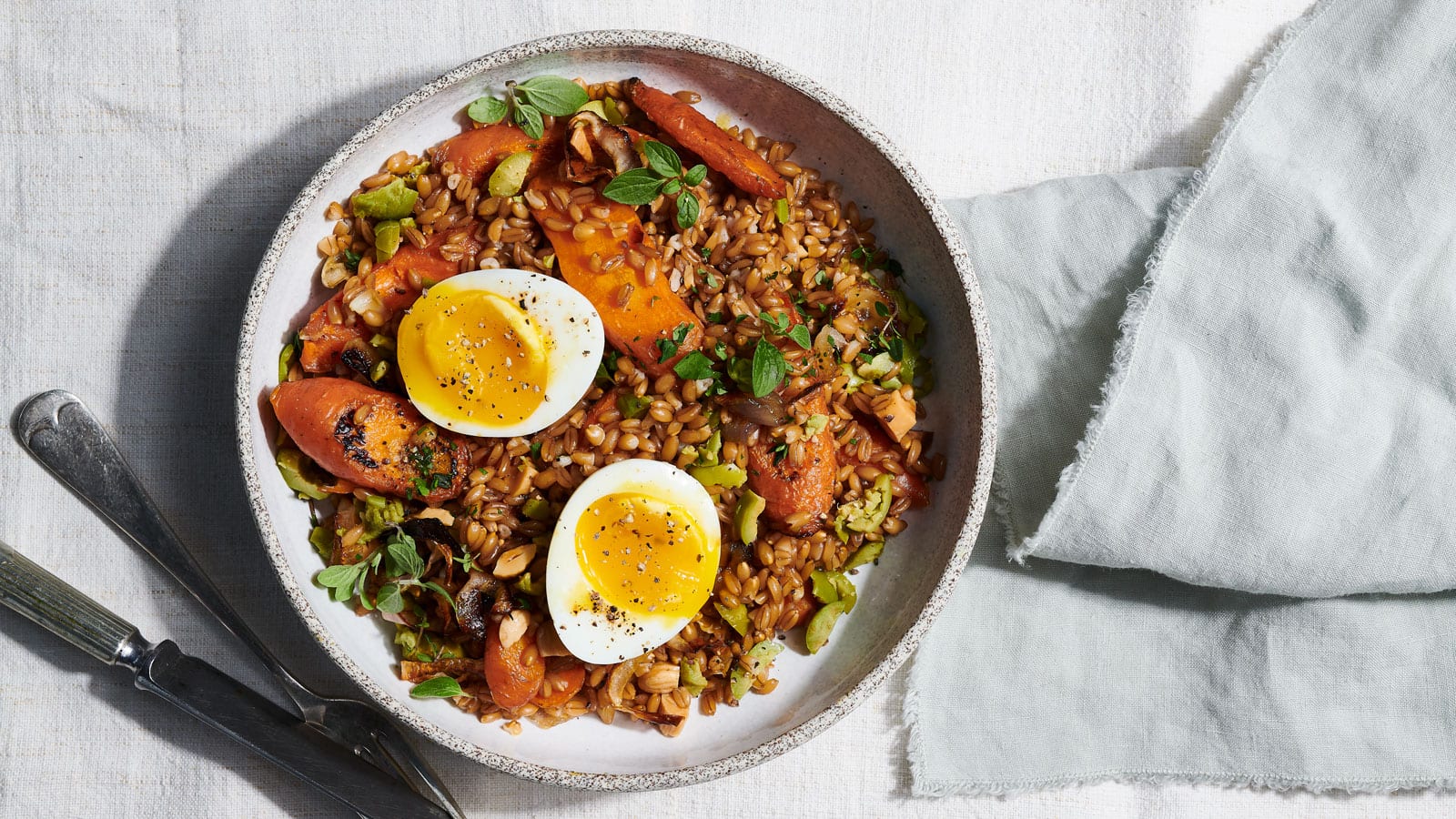 Farro Bowls with Roasted Carrots, Herbs and Soft-boiled Egg