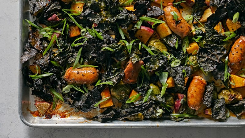 Gochujang Pork Sausages with Spicy Honey-glazed Greens and Sweet Potatoes