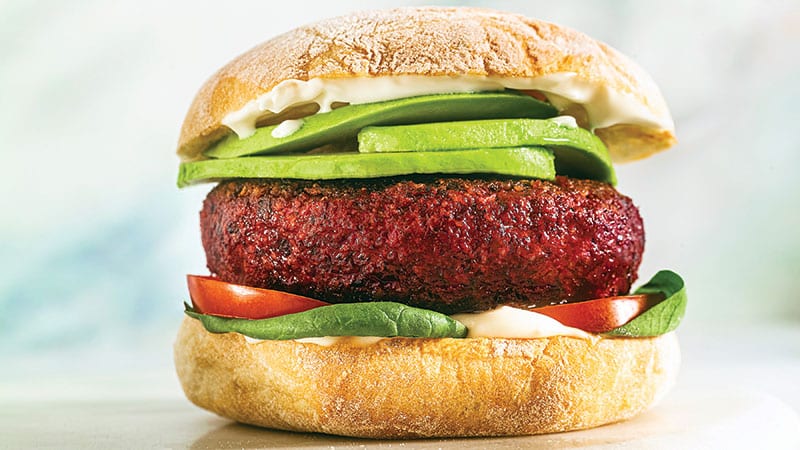 Beet colored plant based burger