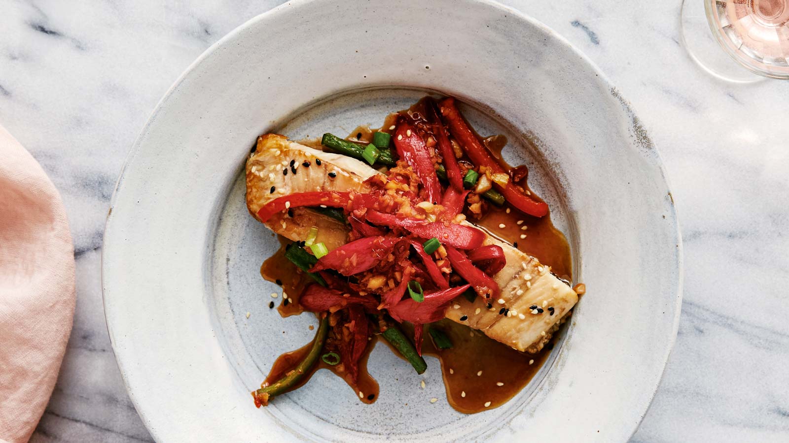 Sesame-roasted Halibut with Sweet and Spicy Rhubarb Sauce
