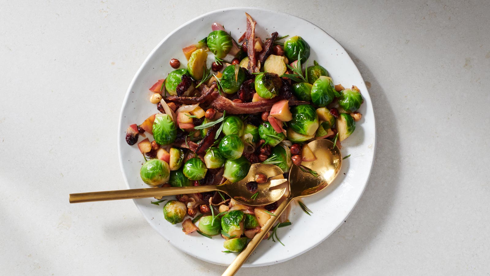 Pan-seared Brussels Sprouts with Apples, Bacon, Shallots and Rosemary